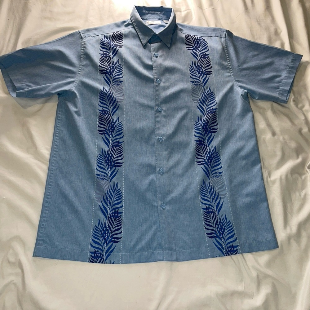Café Luna Blue Panel Palm Leaves Mens Hawaiian Leisure Button Up Short Sleeve